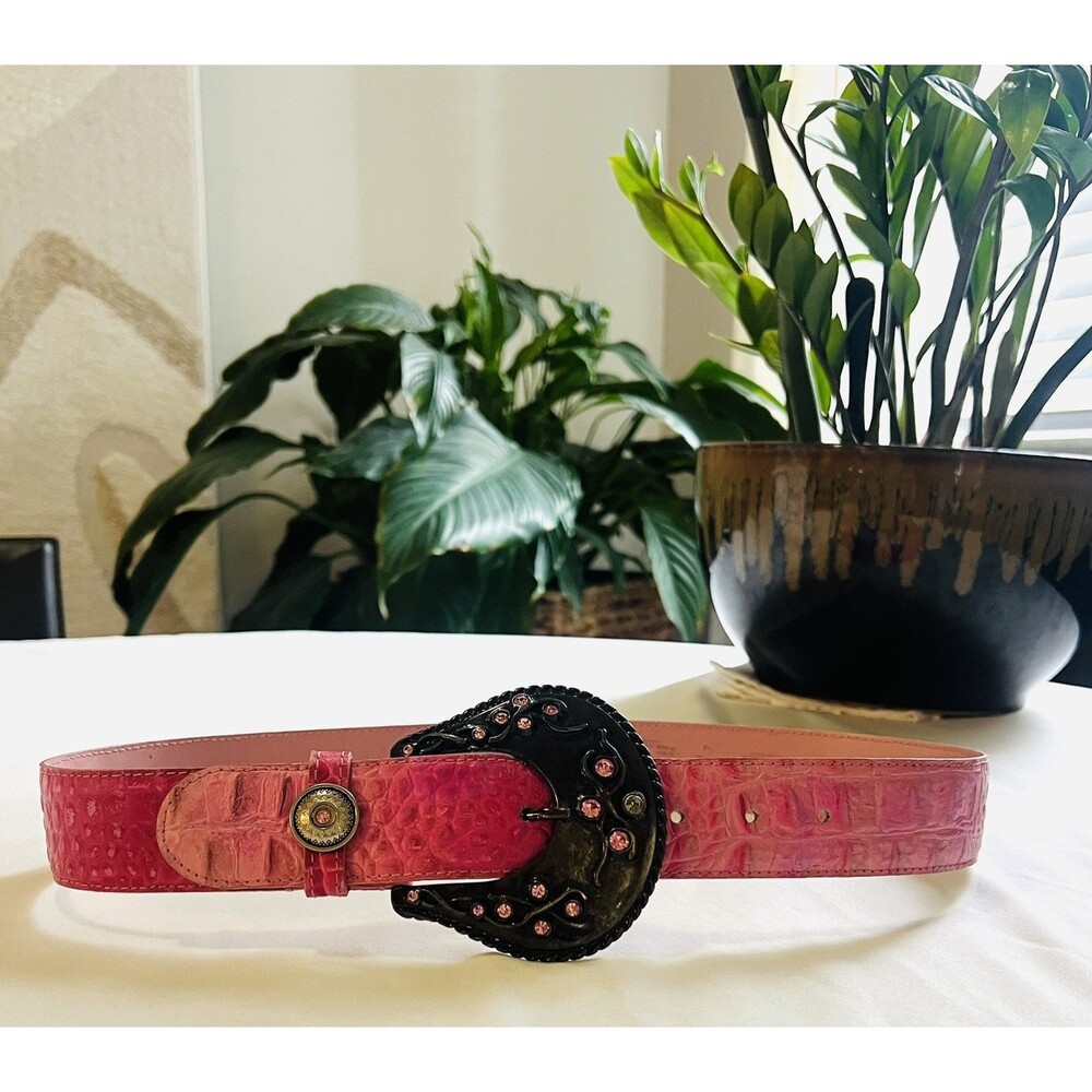 VTG Nanni Crock Embossed Pink Leather Belt Sz 32 Bling Buckle Coquette Western - Picture 1 of 8